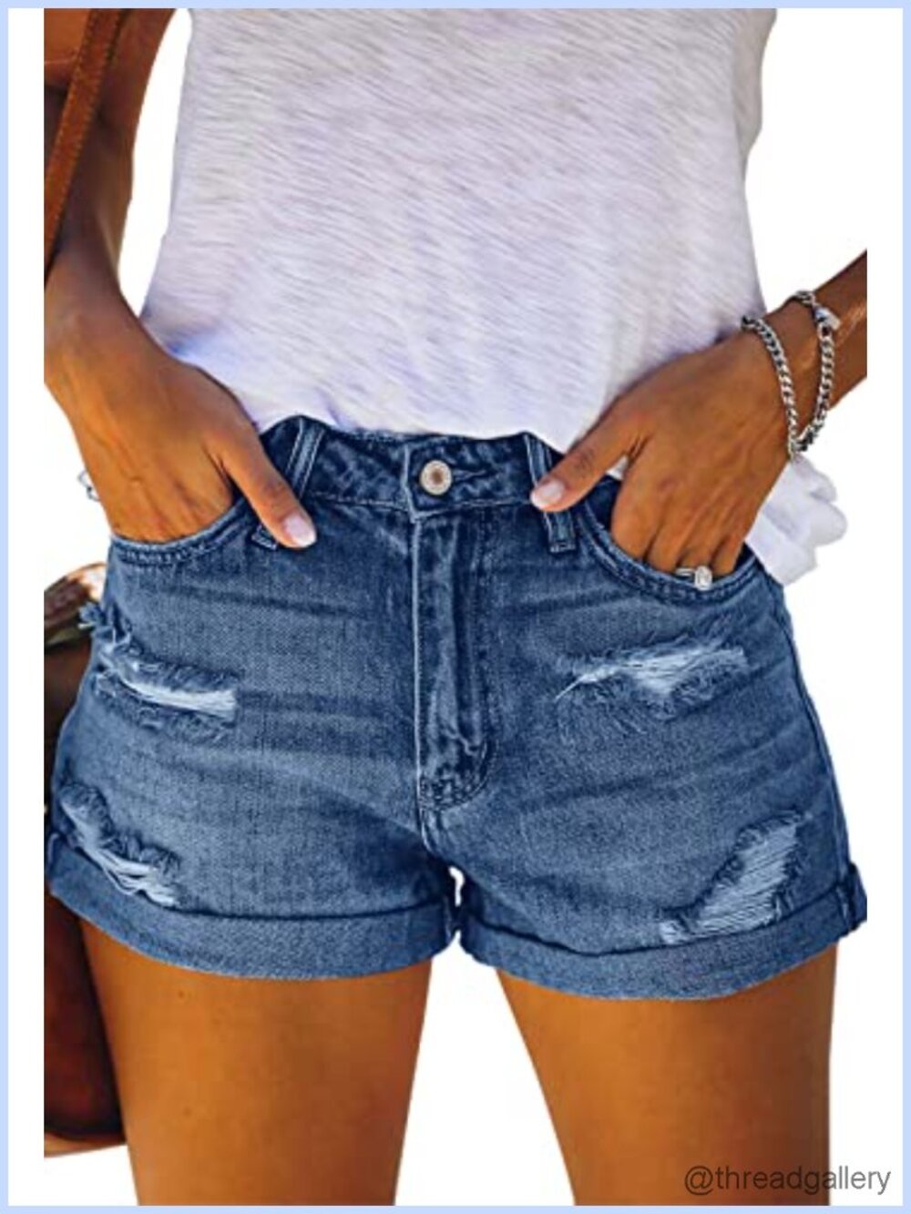 Ripped High Waisted Denim Shorts Stretchy Cuffed Hem Jean Shorts
